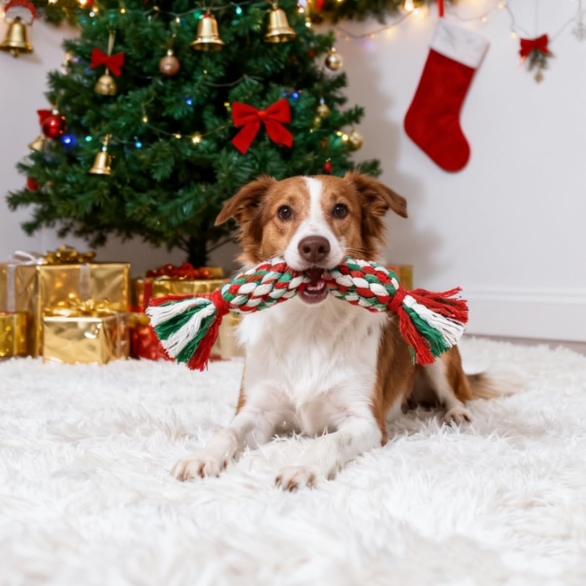 Teeth Cleaning Dog Chew Bone - 子犬の歯のケアに最適な、クリスマス柄のコットンロープ製犬用おもちゃ。キャンディケーン、骨、ツリー、タッセルのセット。犬へのクリスマスギフトに。