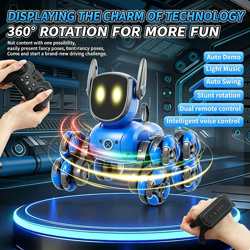 Interactive Squeaky Plush Dog Toy - JJRC Q200 2026 RCロボットスタントドッグトイ、8輪、ジェスチャー検知＆音声インタラクション、子供と大人向けの多機能玩具